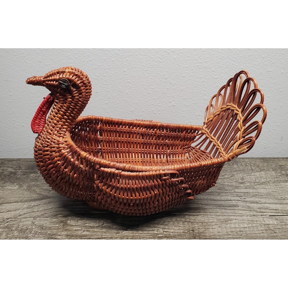 Vintage Wicker Turkey Woven Rattan Bread Basket Planter Farmhouse Country Decor